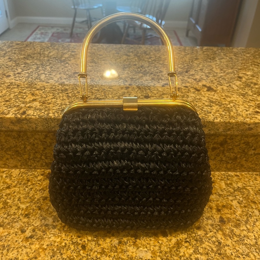 Vintage 1960s Black Straw Leather Lined Handbag Purse Jana Made in Italy